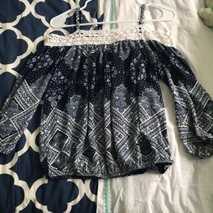 Spaghetti strap off the shoulder long sleeve top